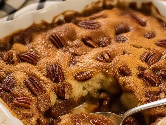 Warm pecan pie cobbler with a golden crust and pecan topping.