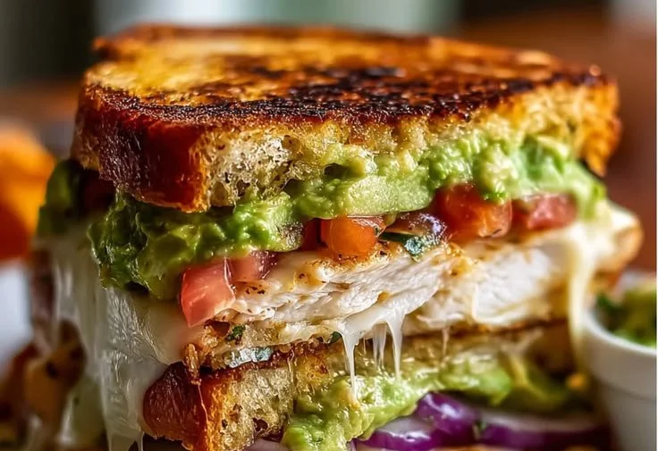 Delicious chicken avocado melt sandwich with cheese and fresh ingredients
