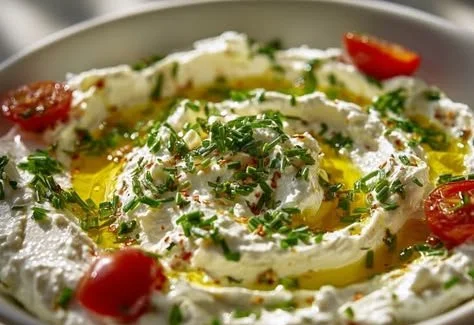 Creamy whipped feta served with fresh herbs and vegetables for spring appetizers