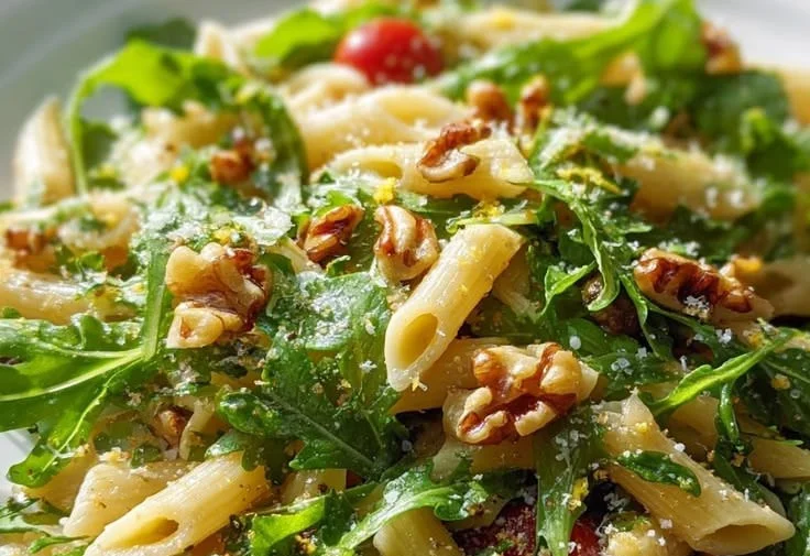 Lemon arugula pasta salad with vibrant ingredients and a zesty dressing