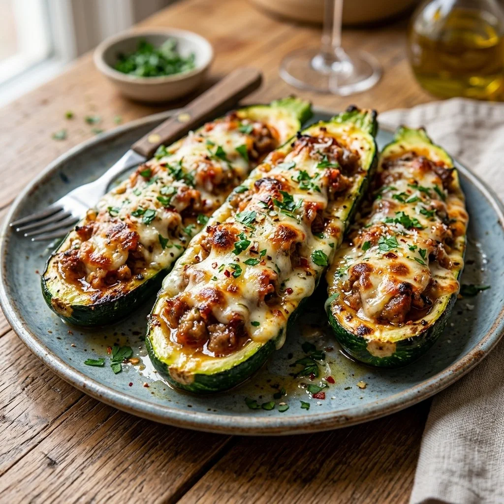 Delicious zucchini boats filled with colorful vegetables and cheese