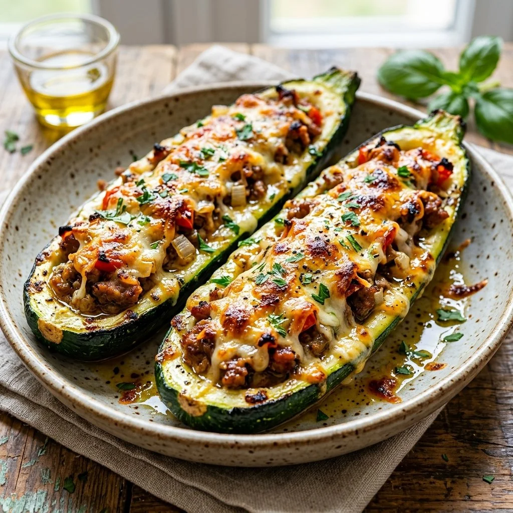 Stuffed zucchini boats filled with meat and vegetables for a healthy meal
