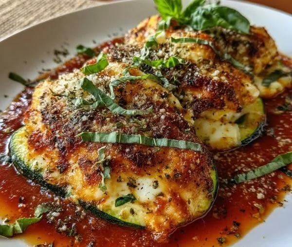 Zucchini ricotta melts topped with marinara sauce on a plate