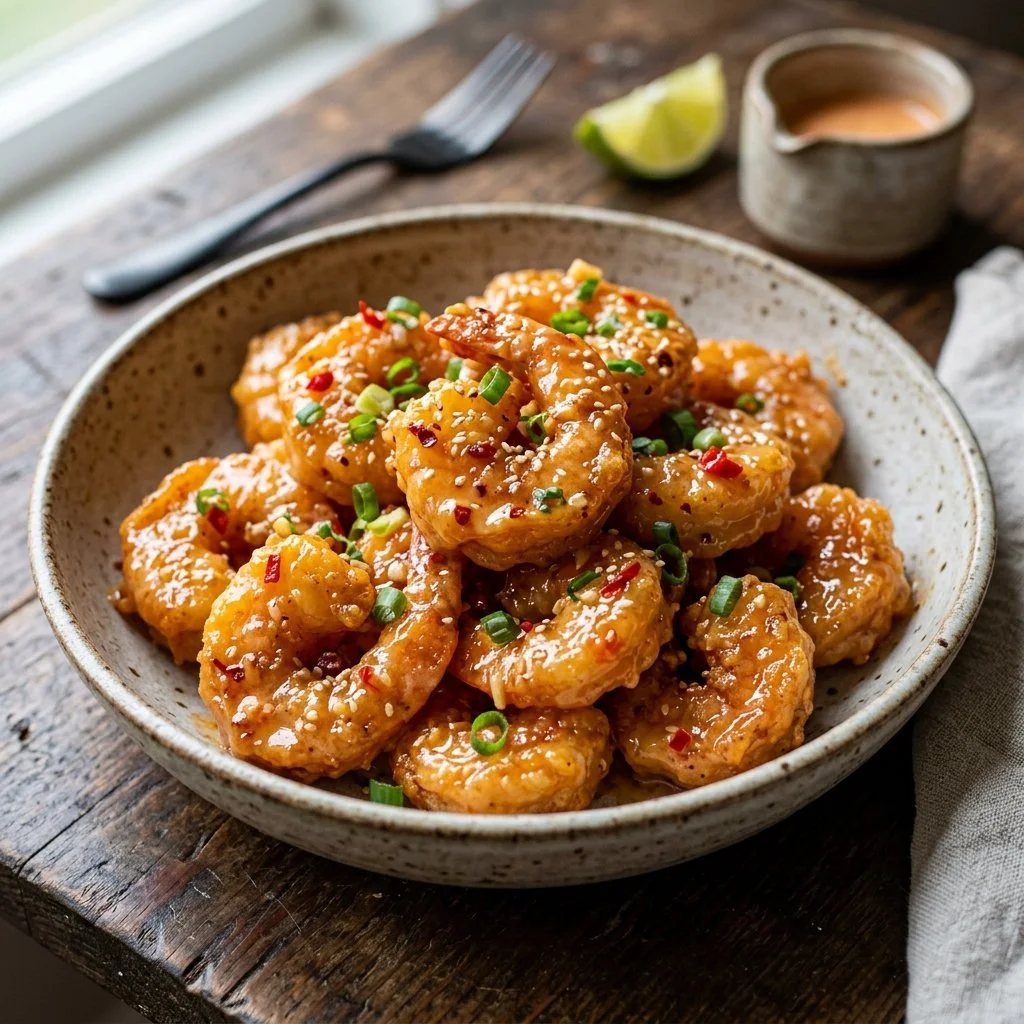 Plate of crispy Bang Bang Shrimp with spicy sauce and garnish