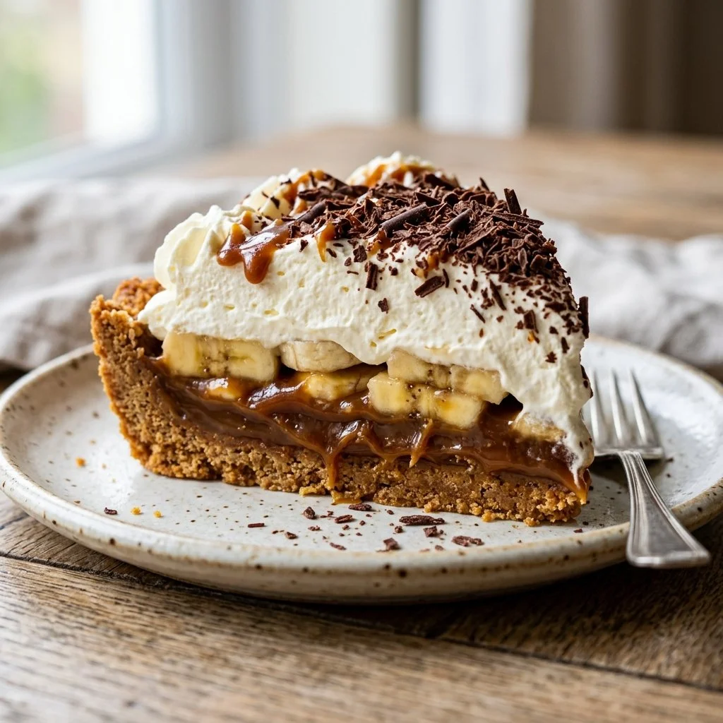 Delicious Banoffee Pie topped with banana and whipped cream