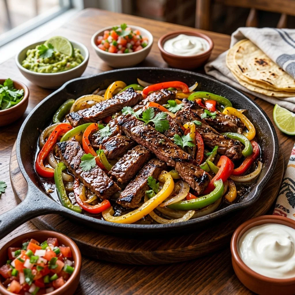 Delicious beef fajitas with marinated steak and colorful peppers