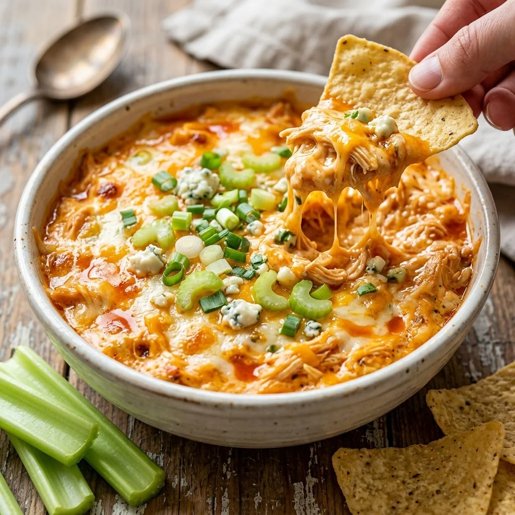 Bowl of creamy Buffalo Chicken Dip with vegetables and chips