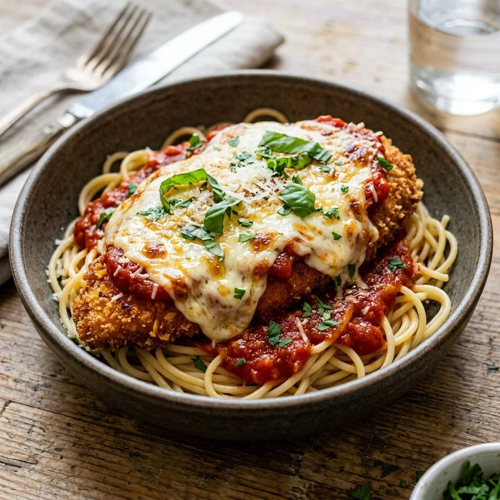 Delicious Chicken Parmesan topped with melted cheese and marinara sauce