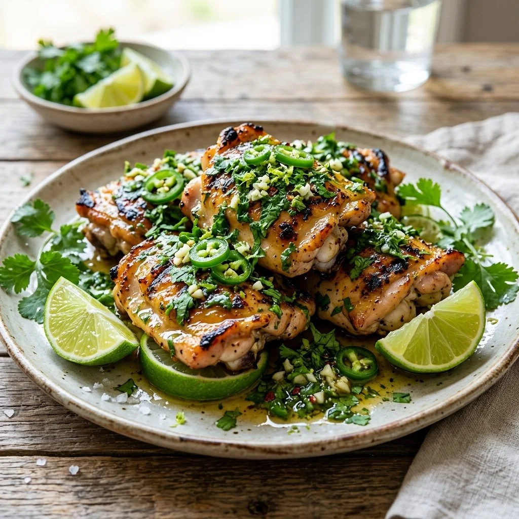 Delicious cilantro lime chicken garnished with fresh herbs and lime slices.