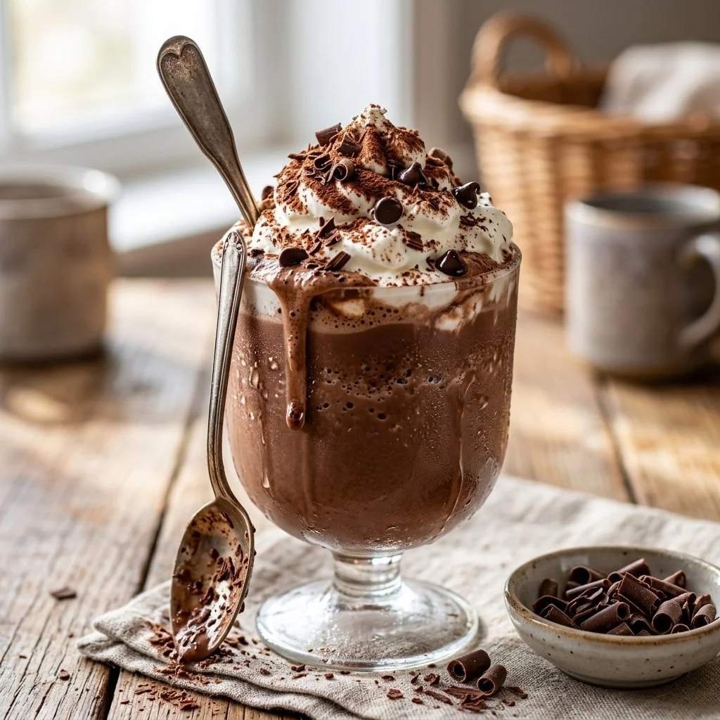 Delicious frozen hot chocolate topped with whipped cream and chocolate flakes