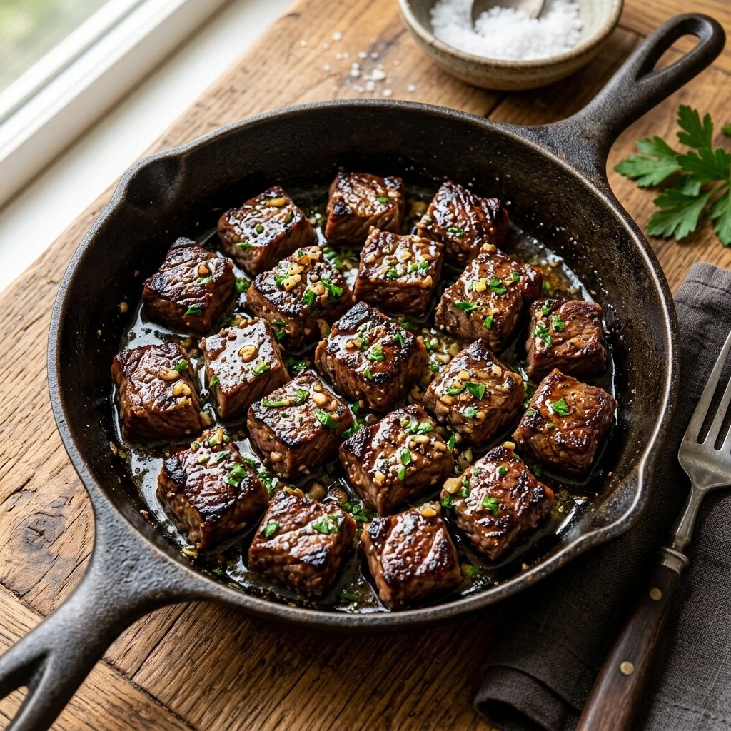 Garlic butter steak bites on a white plate garnished with herbs