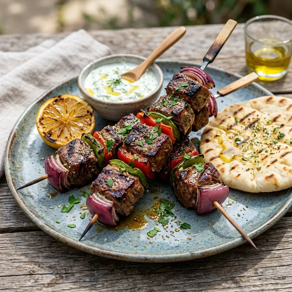 Delicious Greek lamb kebabs grilled to perfection, served with fresh herbs and spices.