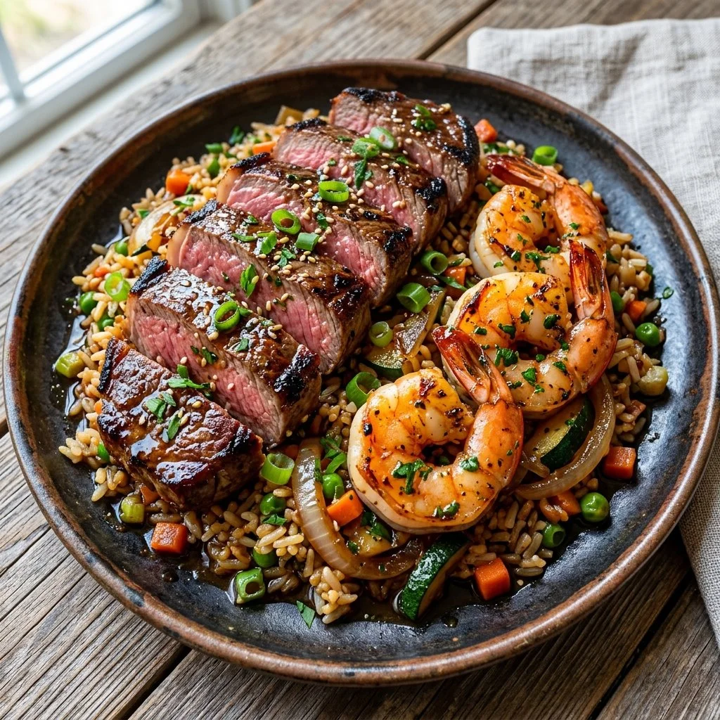 Grilled hibachi steak and shrimp served on a sizzling plate