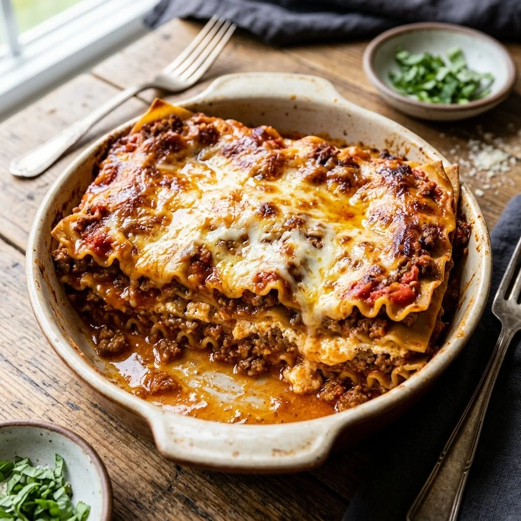 High protein lasagna with layers of meat, cheese, and vegetables