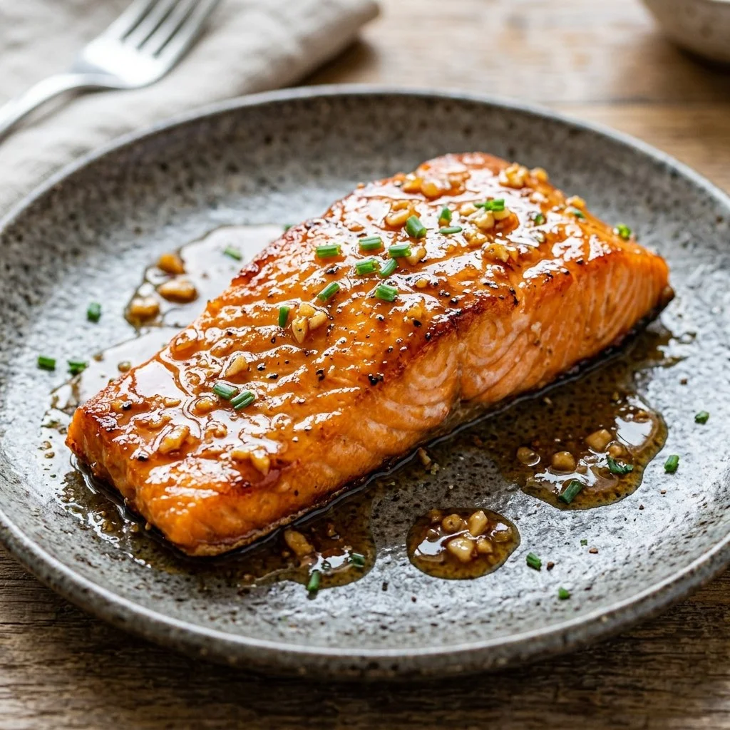 Plate of honey garlic glazed salmon garnished with herbs and lemon slices