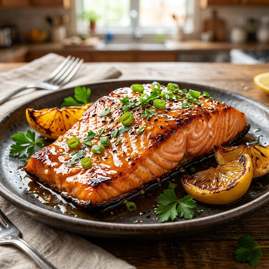 Honey Garlic Salmon dish with a glaze on top, garnished with herbs.