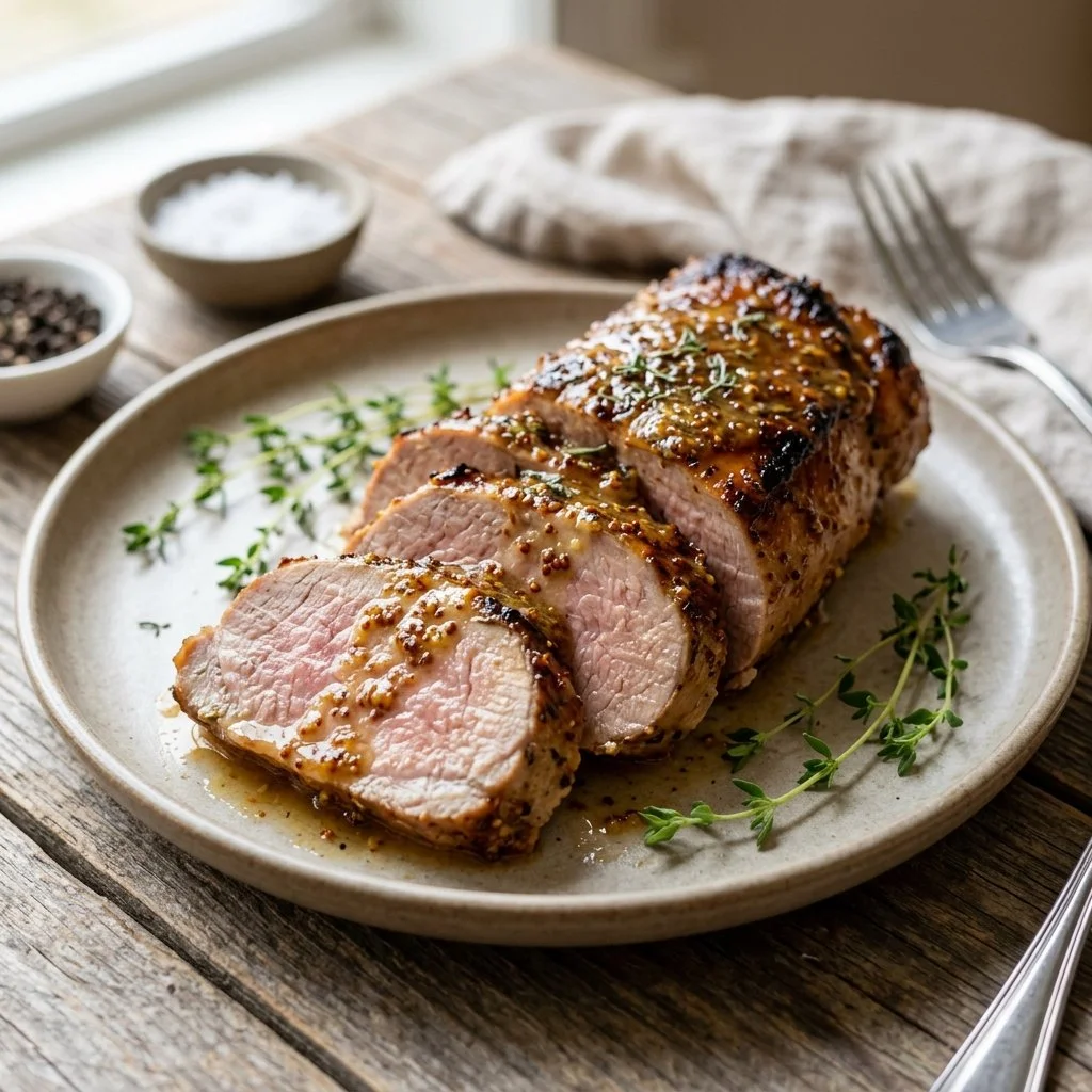 Honey mustard pork tenderloin served with roasted vegetables
