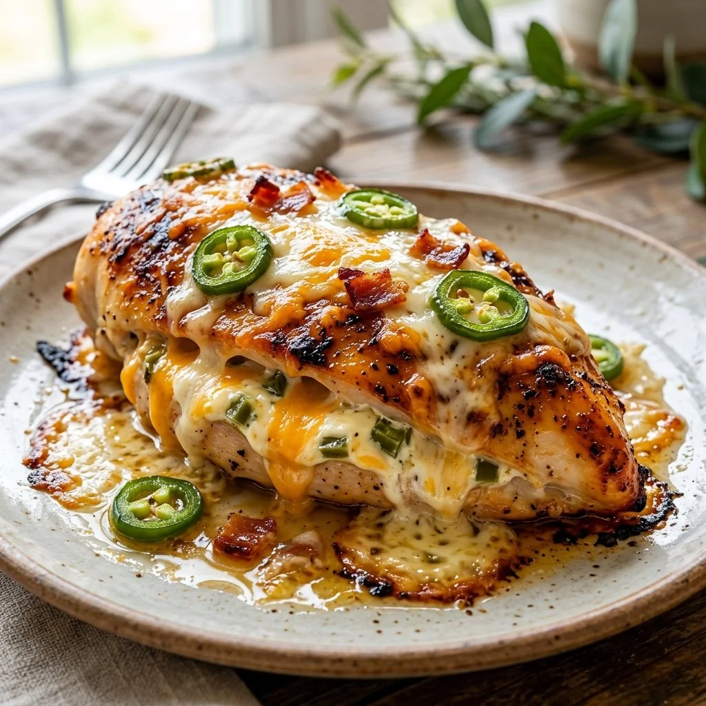 Delicious Jalapeño Popper Chicken topped with melted cheese and jalapeños