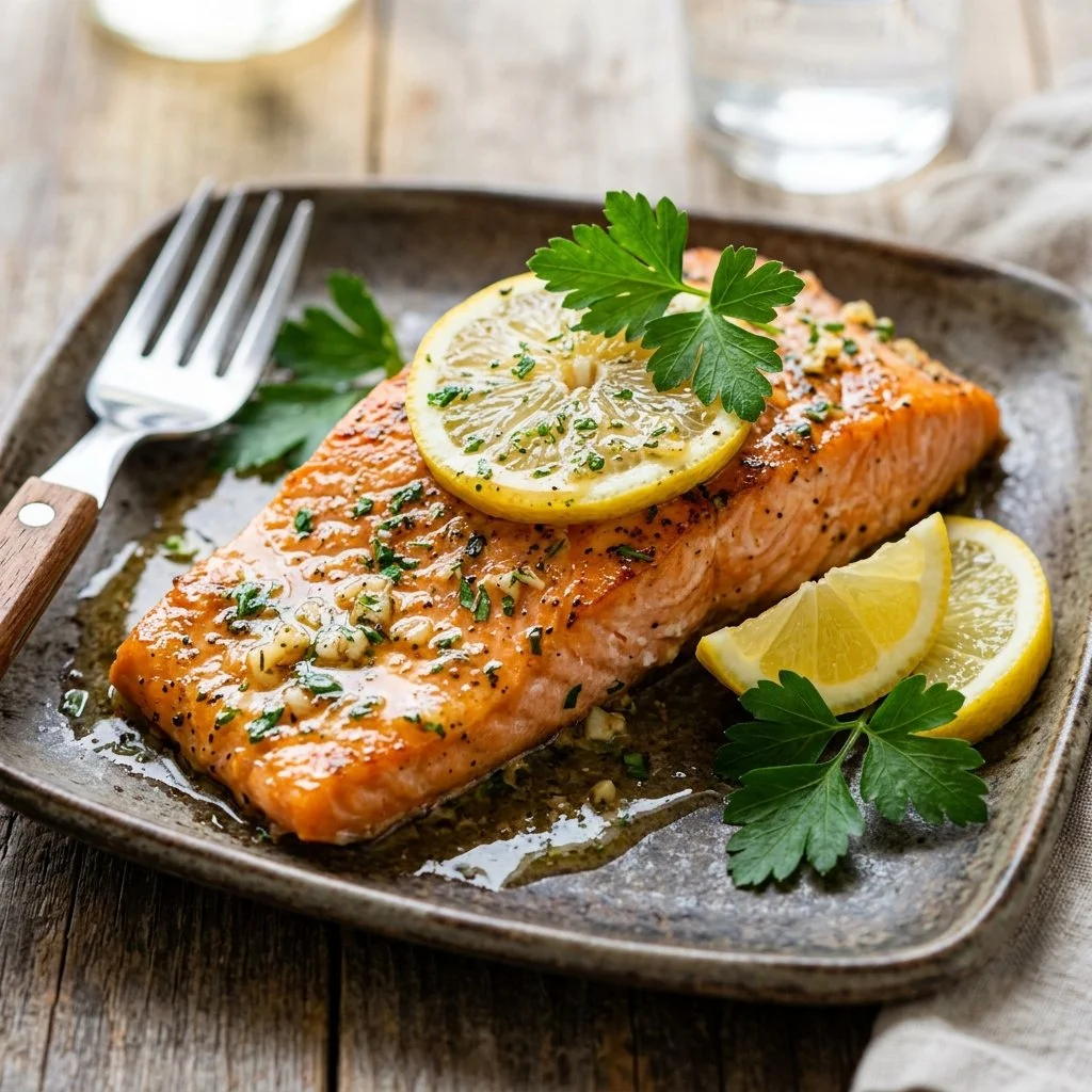 Lemon garlic butter salmon served with fresh herbs and lemon wedges