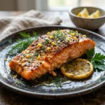 Delicious lemon pepper salmon fillet garnished with herbs on a plate