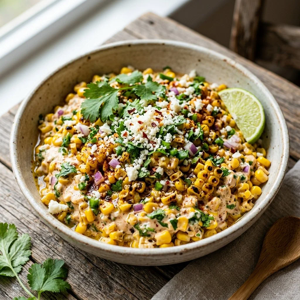 Delicious Mexican street corn salad topped with cheese and spices