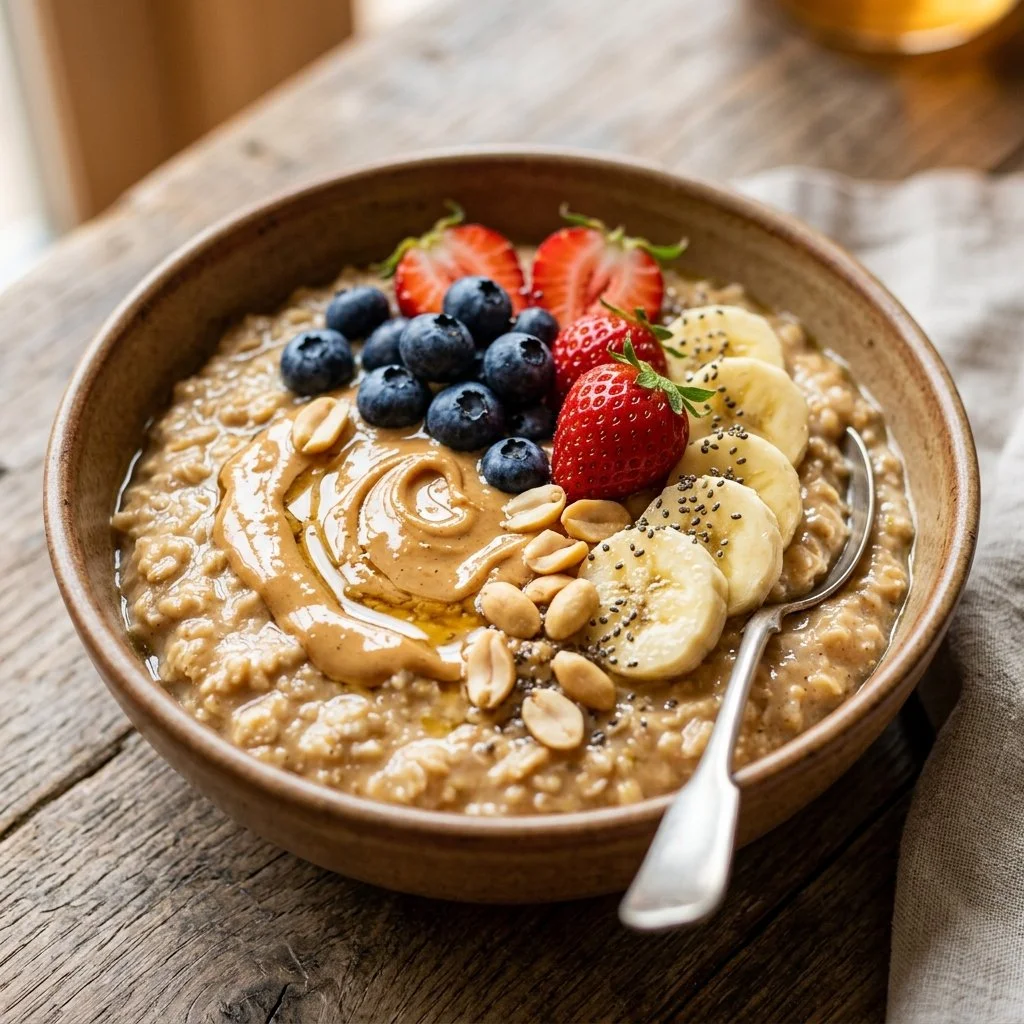 Bowl of peanut butter protein oats topped with fruits and nuts