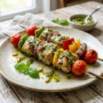 Grilled Pesto Chicken Kabobs on skewers served with vegetables