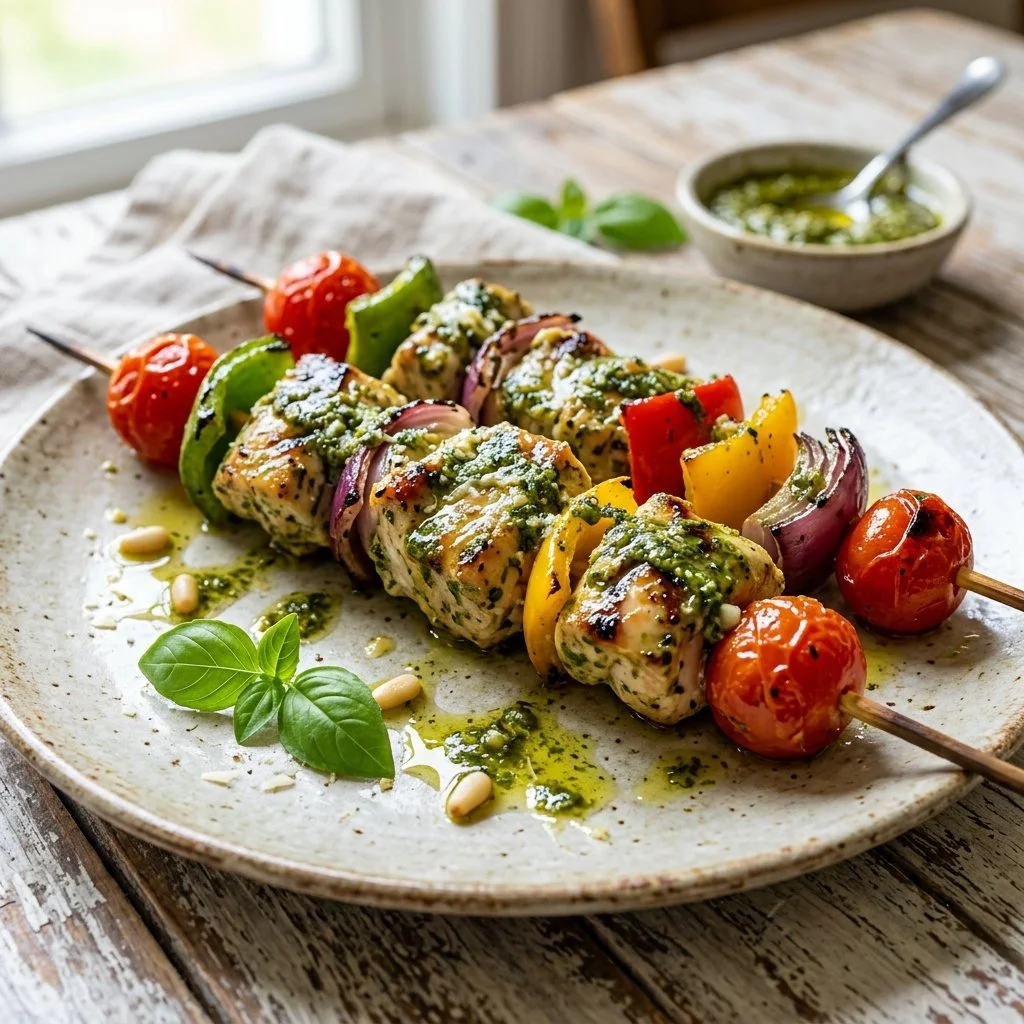 Grilled Pesto Chicken Kabobs on skewers served with vegetables