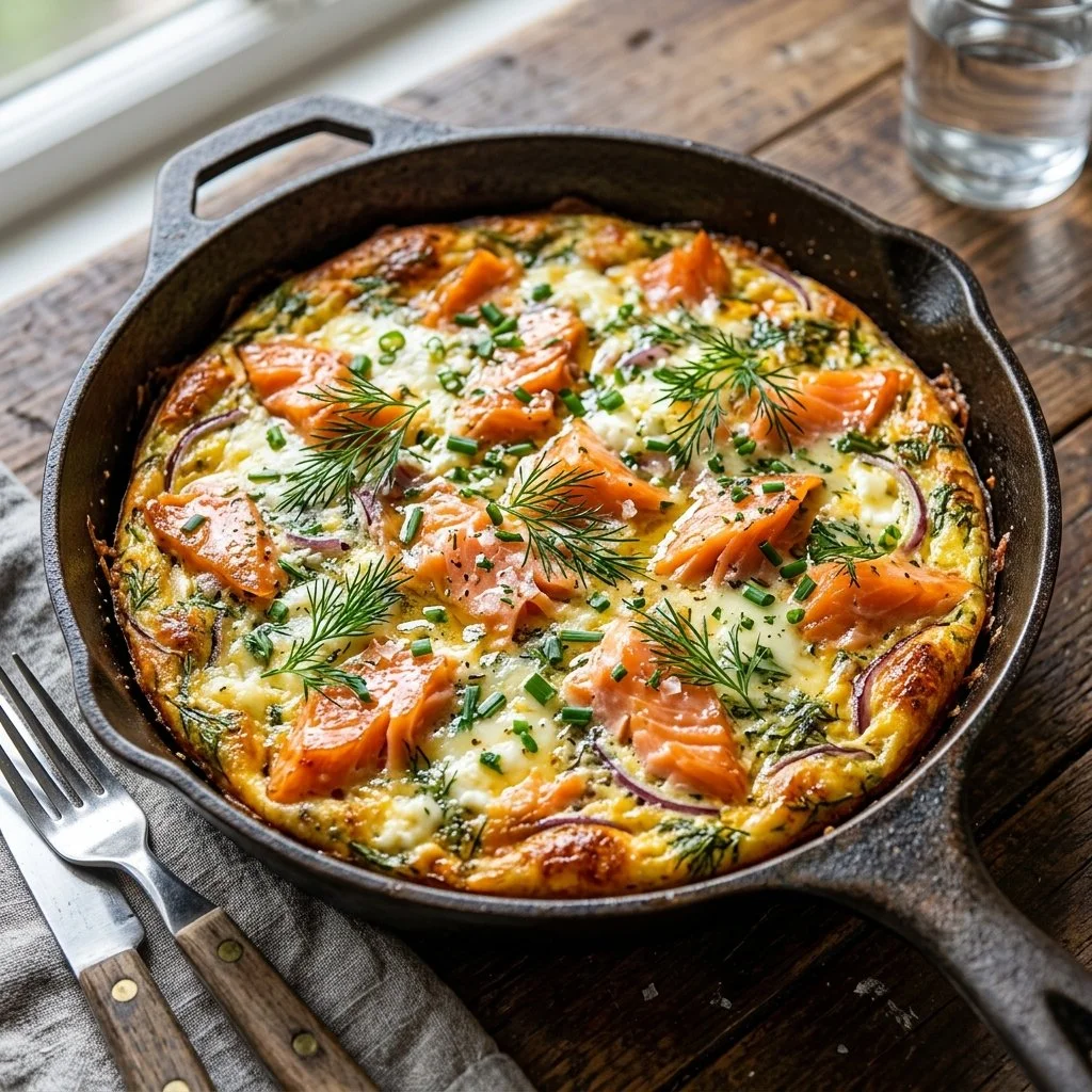 Smoked salmon frittata served on a plate with garnishes
