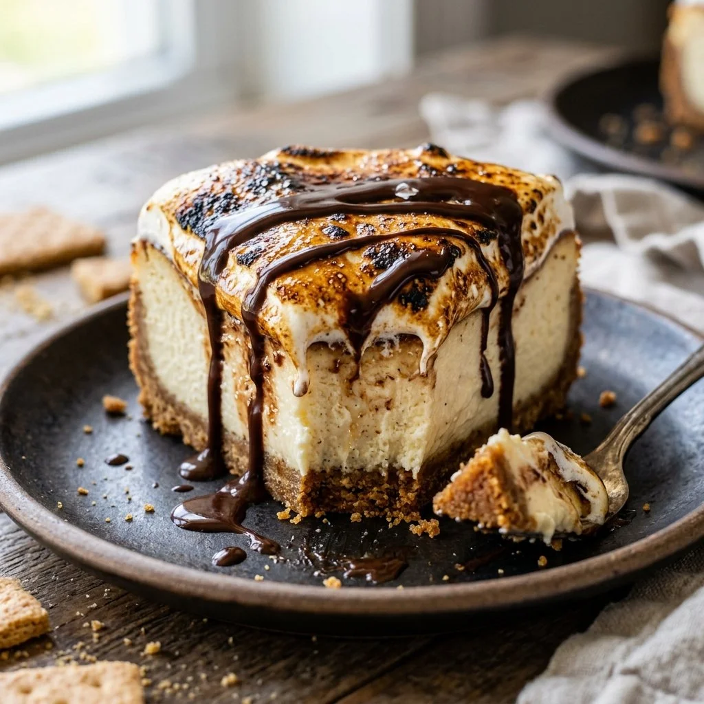Delicious S'mores Cheesecake topped with chocolate ganache and marshmallows