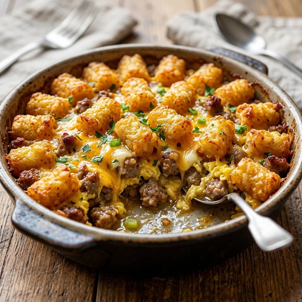Delicious Tater Tot Breakfast Casserole served in a baking dish