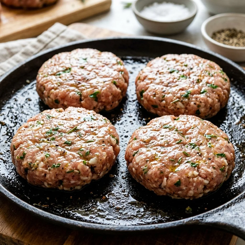 Homemade turkey burger patties ready to be cooked on a grill.